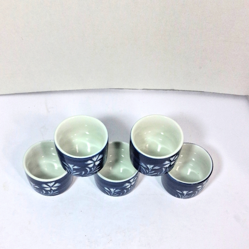 Set Of 5 Japan National Silver Company Etched Blue  & White Saki/Tea Cups.